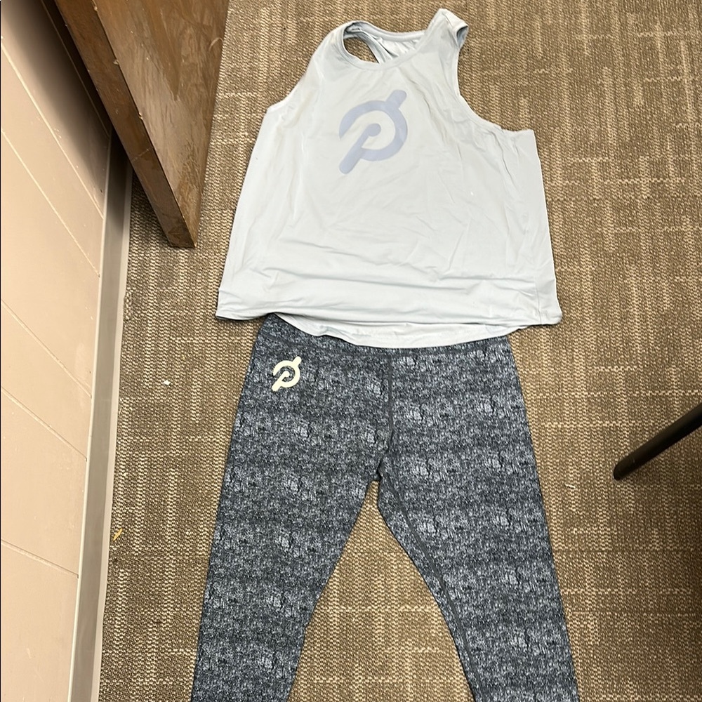 Peloton Light Gray Tank and Charcoal Leggings